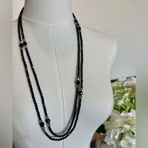 Robert Rose Glass Black Beaded Double Strand Crystal Accent Necklace